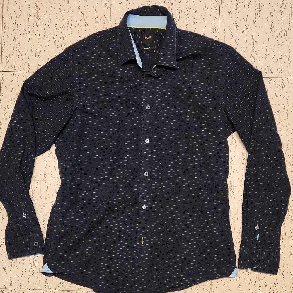 Hugo Boss Navy Blue Regular Fit Button Down Long Sleeve Casual Dress Shirt